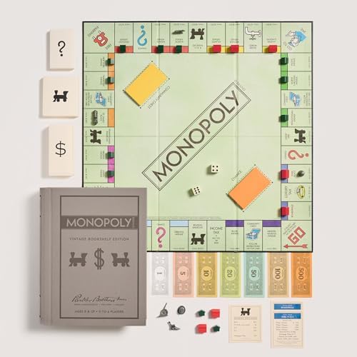 WS Game Company Monopoly Vintage Bookshelf Edition Board Game Premium Fabric-Wrapped Book Storage Box with Retro Graphics, Wooden Houses