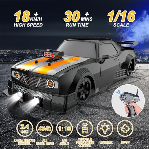 Fistone RC Drift Car 2.4GHz 1:16 Scale 4WD 18KM/H High Speed Remote Control Car with LED Lights, 2 Batteries and Rubber Tire