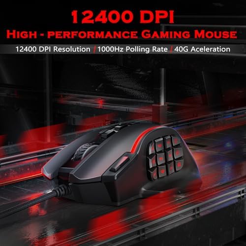 Redragon Gaming Mouse, MMO Mouse Gaming UP 12400 DPI, 19 Macro Programmable Buttons, RGB Mouse with 12 Side Buttons, 8 * 2.4g Weight Tuning for PC Laptop MOBA FPS, M901K, Black