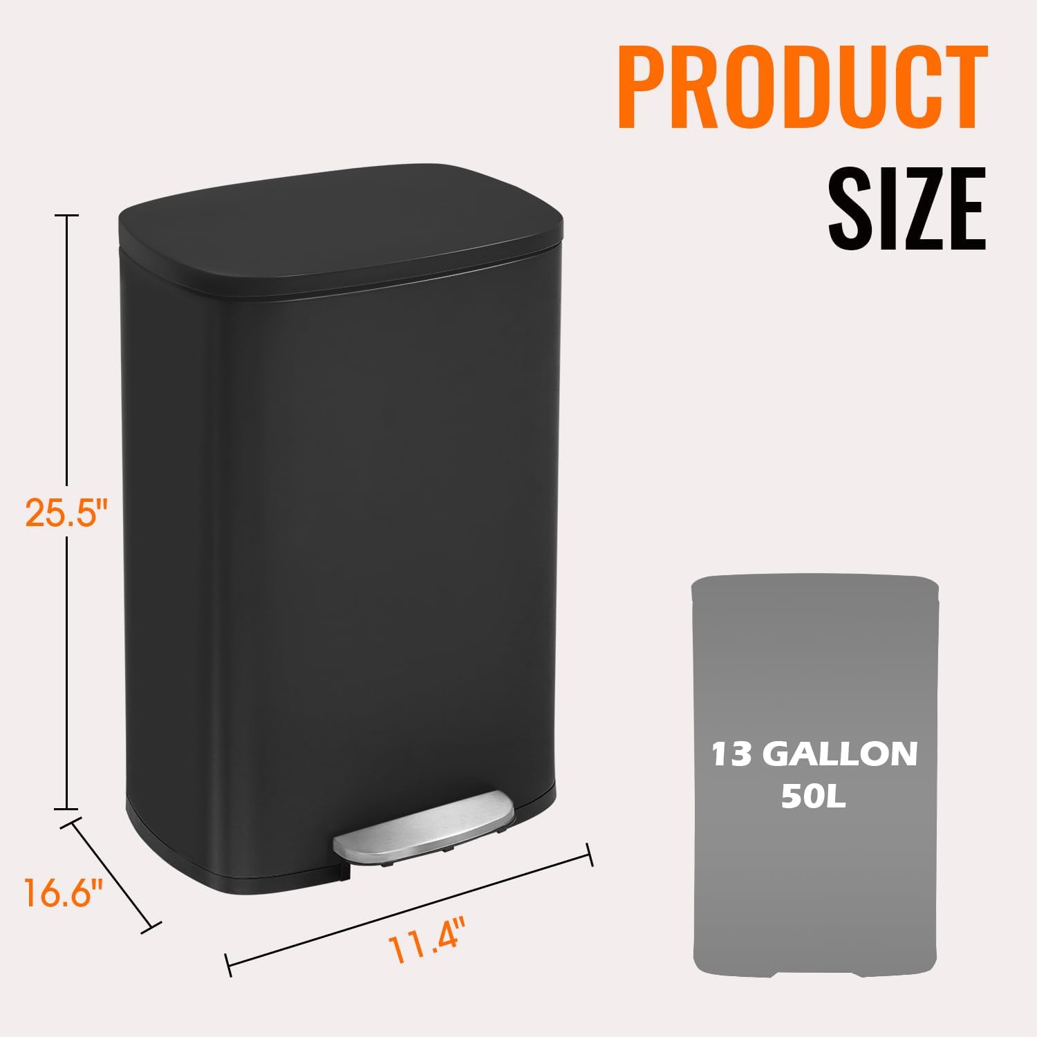 FDW | 13 Gallon Trash Can with Lid | Steel | Fingerprint-Proof | Made of Brushed Stainless Steel | Soft-Close Step Pedal | Hands-Free Use | Easy to Clean | for Kitchen, Office, Bathroom