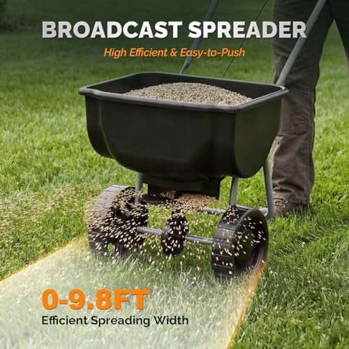 VINGLI 70lbs Fertilizer Spreader with 15 Adjustable Drop Rate, Pre-Assembled Walk-Behind Seed Spreader, with 9" Tire for Multi-Terrain, Broadcast Spreader for Lawn Care & Seed Spreading