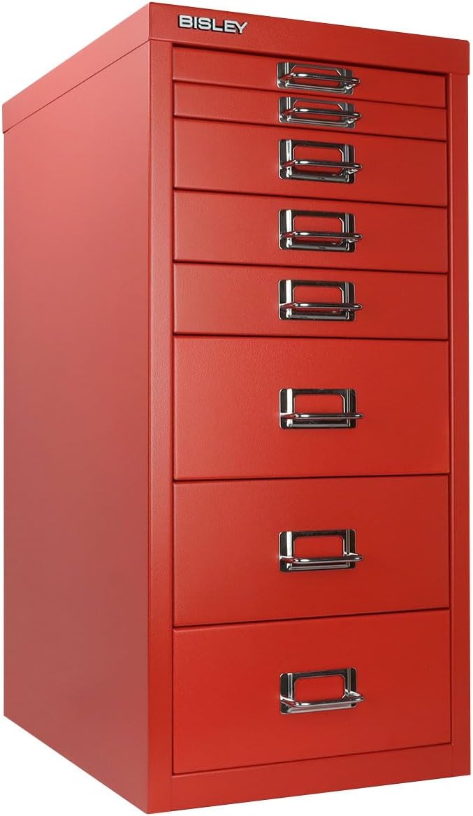 5-Drawer Steel MultiDrawer Cabinet - Orange, by Bisley | Chrome Pull Handles with Label Holders, Powder-Coated Steel, Removable Drawers, Desktop Storage, Labels Included