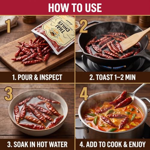 Dried Red Thai Chili Peppers 16oz Whole Hot Asian Chile for Curry Soup | Fiery authentic heat for tom yum, pad thai, ramen, stir fry & chili oil. Bulk bag, all natural. Resealable.