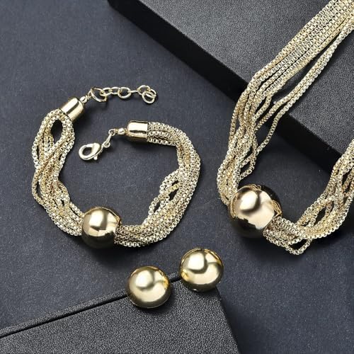 3 Piece Set Multi Layer Chain Necklace 15"Bracelet 7.50In Earrings