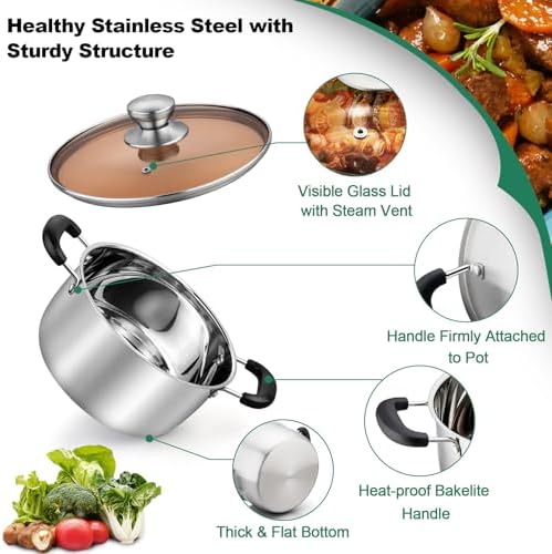 TeamFar 4 Quart Stock Pot, Stainless Steel Stock Pasta Soup Pot with Lid