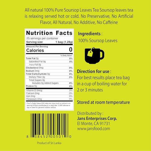 Jans Soursop Tea Bags 25 Count | 100% Natural Soursop Leaves | Caffeine Free Sour Sop Tea | Vegan Herbal Tea | Individually Wrapped Tea Bags | Cholesterol Free Sugar Free Relaxation Beverage