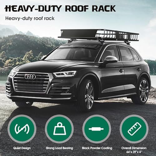 FORWODE 250LBS Universal Roof Rack Basket, 64"x39"x6" Rooftop Cargo Carrier Rack + Waterproof Cargo Bag 15 Cubic Feet(43"x34"x17")