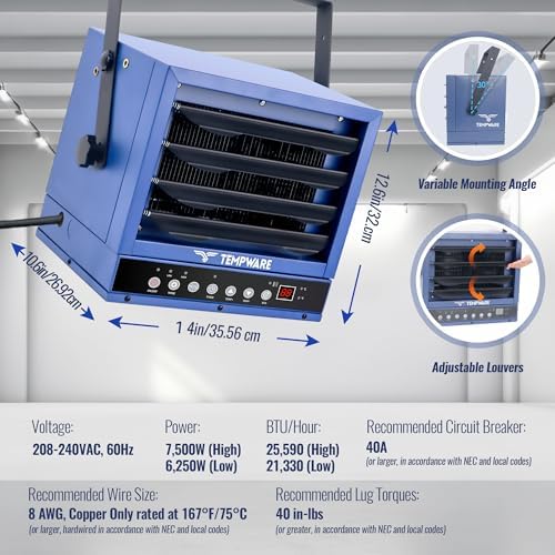 TEMPWARE 240V Hardwired Electric Garage Heater 7500W with Remote Control | Fan-Forced Shop Heater with 12H Timer, Overheat Protection