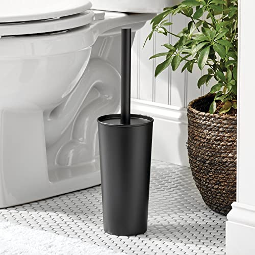 mDesign Metal Freestanding Slim Toilet Bowl Brush and Holder + Rectangle Narrow 5 Liter / 1.3 Gallon Step Pedal Trash Can Wastebasket for Bathroom