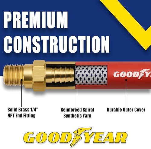 Continental 50' x 3/8" Red Rubber Air Hose - Working Pressure: 250 PSI - Burst Pressure: 1070 PSI - 100% Brass 1/4" NPT Fittings - Made in USA