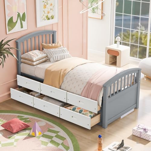 Merax Twin Size Platform Storage Bed Solid Wood Bed with 6 Drawers