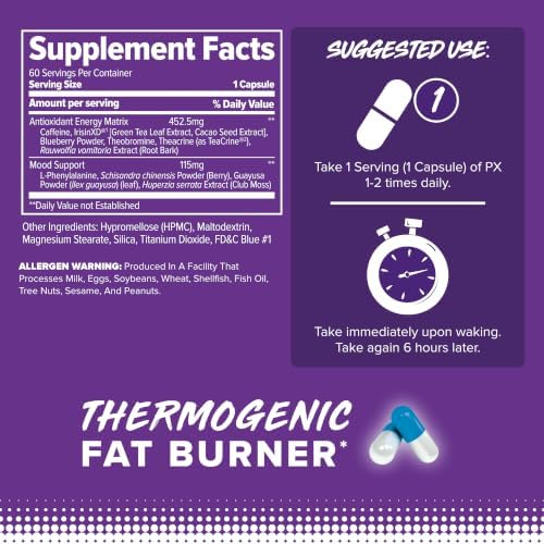 FINAFLEX PX PRO Xanthine - 60 Capsules - Thermogenic - Promotes Energy, Focus & Appetite Suppression - With Caffeine & TeaCrine - 60 Servings
