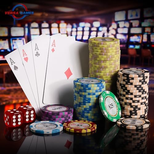 Versa Games Poker Chip Set - Casino Grade 13.5g Poker Chips, 7 Color Chip Denomination - 2 Decks of Cards, Dice