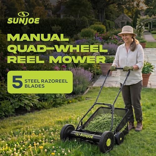 Sun Joe Manual Push Reel Lawn Mower with 6.6-Gal Grass Catcher, 16-Inch Cutting Width - Heavy-Duty Yard Trimmer Machine for Gardening Care and Maintenance, MJ500M