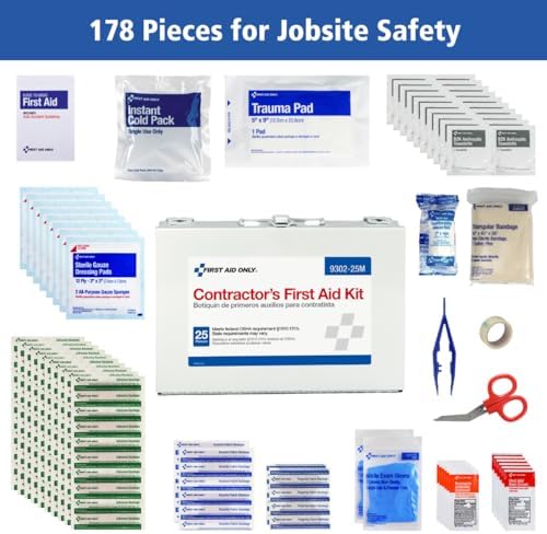 First Aid Only 9302-25M 25-Person Contractor's First Aid Kit for Home Renovation, Job Sites, and Construction Vehicles, 178 Pieces, White