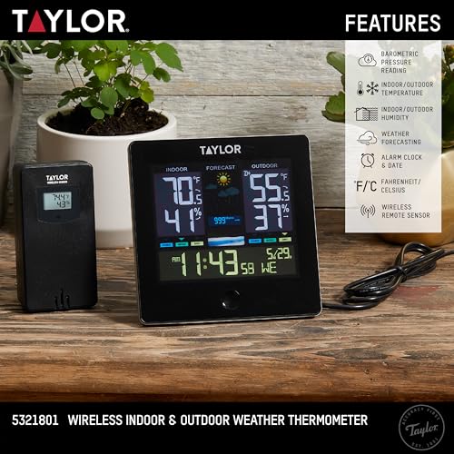 Taylor Wireless Digital Indoor Outdoor Thermometer, Easy to Read Numbers for Patio, Pool, and Indoor Areas, LCD, Black