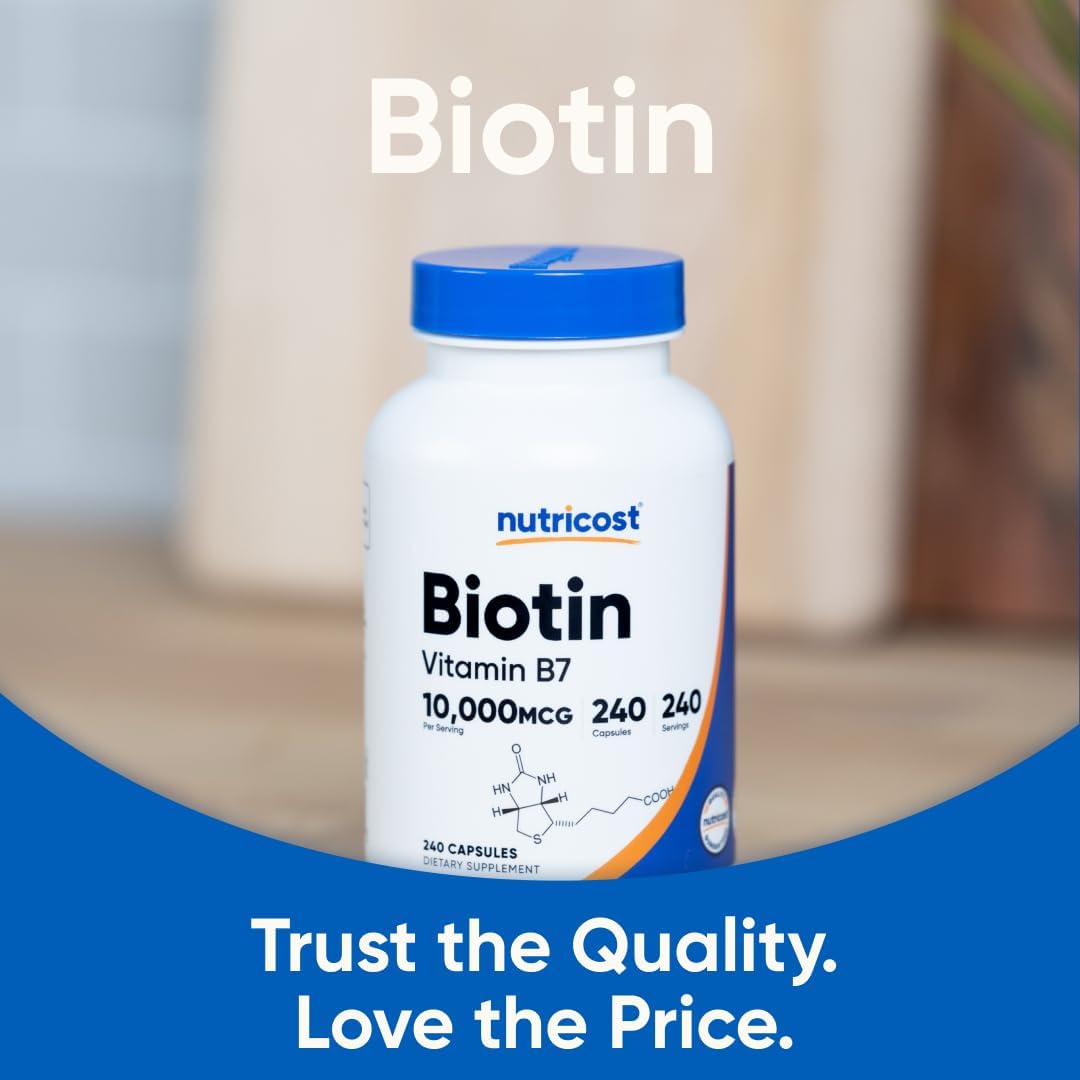 Nutricost Biotin (Vitamin B7) 10,000mcg (10mg), 240 Capsules, Quick Release | Vegetarian, Gluten Free, GMO-Free