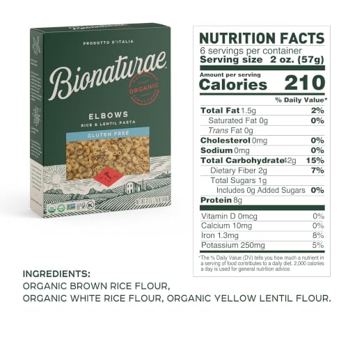 Bionaturae Elbow Pasta Noodles - Gluten Free Pasta Organic, Rice & Lentil Pasta, Kosher Certified, High Protein, Non-GMO Verified, USDA Certified, Gluten Free Pastas, Crafted in Italy - 12 Oz, 3 Pack