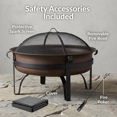 Sunnydaze Round Patio Fire Pit for Outside Wood Burning, Dark Bronze, 29"