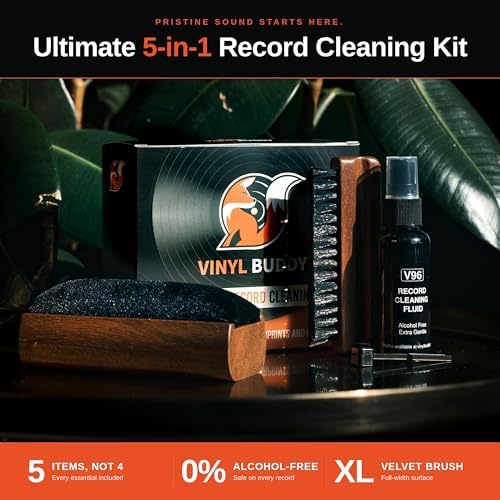 Vinyl Buddy 5-in-1 Vinyl Record Cleaning Kit | Premium Hardwood Velvet & Microfiber Brush, Stylus Brush