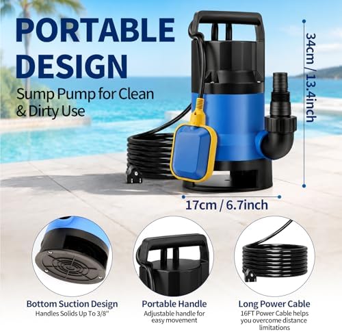 1.1HP Submersible Sump Pump, 4600 GPH Electric Water Pump with Automatic Float Switch, Portable Utility Pump for Pool Draining, Basement