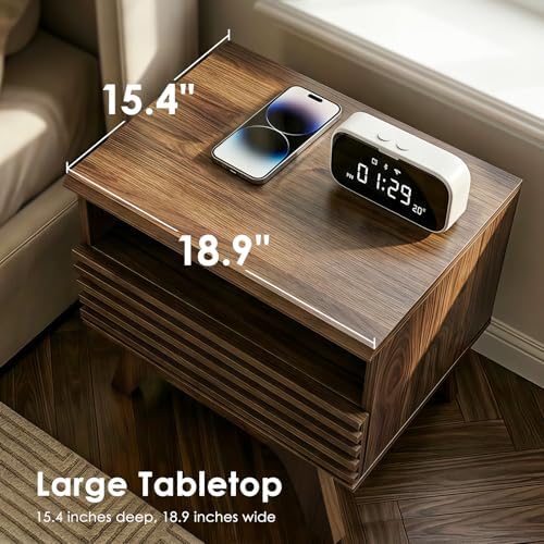 AODK 19 Inch Wide Fluted Nightstand Set of 2 with Drawer, Dark Walnut | Open Storage Shelf, Smooth Metal Slides, 4 Stable Legs