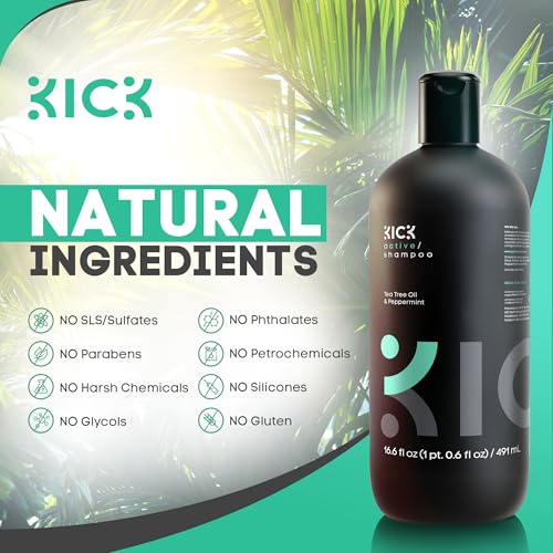 Kick Mens Shampoo - Peppermint & Tea Tree, Anti-Dandruff for Oily Hair | Oil Control & Scalp Soothing - Itchy Scalp Relief - Sulfate-Free
