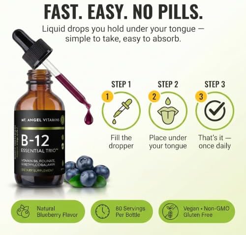 Mt. Angel Vitamins - B12 Essential Trio - Vegan Sublingual Drops with High-Potency Methyl B12, B6 & Folate - Easy Absorption Liquid - Non-GMO