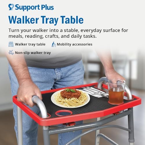 Support Plus Walker Tray Table - Mobility Table for Walker with Non-Slip Mat, Accessories, and Cup Holder (21"x16") - Gray