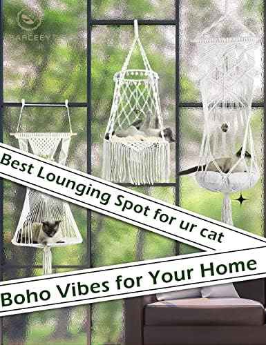 KARCEEY Macrame Cat Hammock Hanging Bed - Boho Wall Swing with Catnip Cushion for Wall Climber & Window Perch - Hardware Kit Included