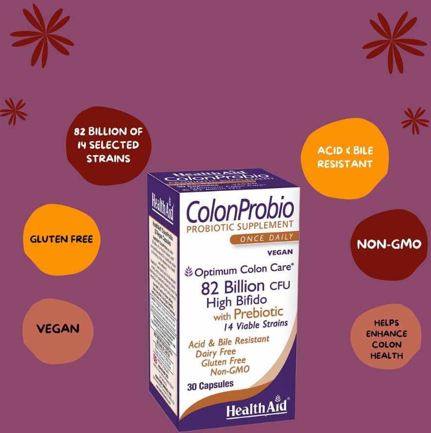 HealthAid ColonProbio – 82 Billion CFU Probiotic with Prebiotic, High Bifido Formula, 14 Strains, Once Daily