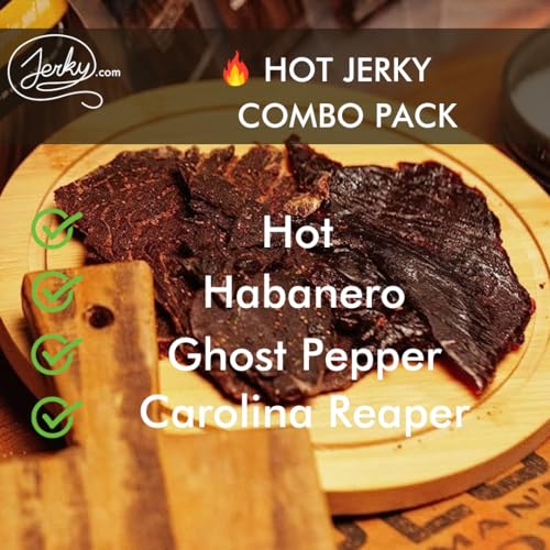 Jerky.com Hot Jerky Combo - Featuring Habanero, Classic Hot, Carolina Reaper, Ghost Pepper - Perfect for Heat Seekers and Flavor Enthusiasts - Beef Jerky Gift for Men (4 Flavors - 2.5 oz. bags)