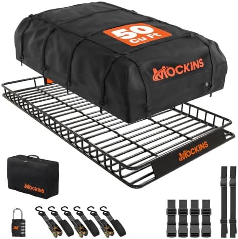 Mockins 90"x50"x5" XXL Heavy Duty Roof Rack Cargo Carrier w/ 250 Lbs. Cap | With 50 Cu Ft Waterproof Soft Vinyl Rooftop Cargo Bag | Roof Basket for