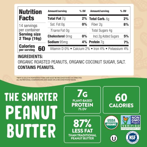 PBfit 30 Ounce Organic Peanut Butter Powder, Powdered Peanut Spread from Real Roasted Pressed Peanuts, 7g of Protein 7% DV, Gluten-Free, 60 calories, 87% less fat (Pack of 1)