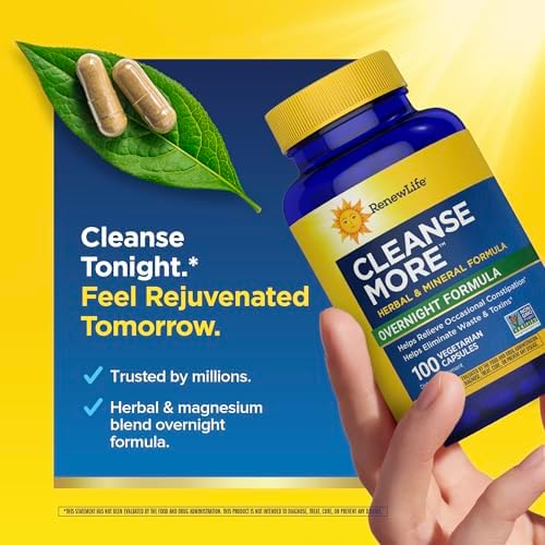 Renew Life Cleanse More 100 Vegetarian Capsules | Helps Relieve Occassional Constipation | Herbal Formula with Magnesium | Dairy, Soy and Gluten Free