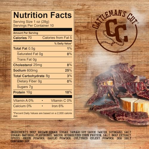 Cattleman's Cut Original Beef Jerky, Premium Marinated Steak High Protein Meat Snacks, Keto Friendly, Gluten Free, Carnivore Travel Snack, Resealable Bag, 10 Ounces