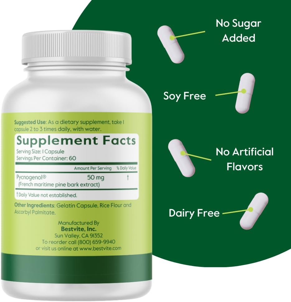 BESTVITE Pycnogenol 100mg (60 Caps) - French Maritime Pine Bark Extract | No Stearates - Gluten Free - Non GMO - Scientifically Studied - Healthy Aging Supplement* - Easy to Swallow Caps
