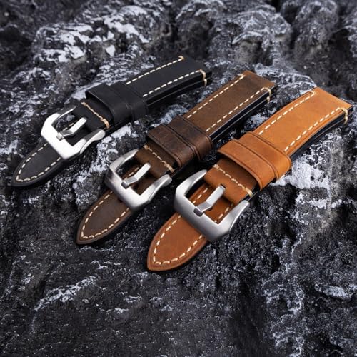 Dark Brown 22mm Genuine Leather Wristwatch Watch Band Oil Tan Vintage Strap for Men with Stainless Buckle