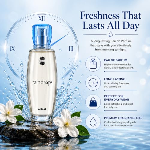 Ajmal Rain Drops EDP for Women, 1.7 fl oz / 50 ml | Fresh floral and fruity inspired by ocean breeze. Long-lasting and ideal for everyday elegance.