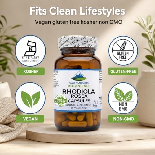 Pure Mountain Botanicals Rhodiola Rosea Supplement - 60 Capsules 250mg - Root Extract Standardized 3% Rosavins 1% Salidroside - Vegan Kosher Gluten