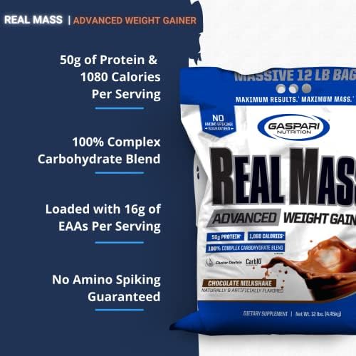 Gaspari Nutrition Real Mass: Advanced Weight Gainer, Protein and Complex Carb Blend, 50g Protein, 16g EAAs, Gluten-Free, 12 lbs (Vanilla Milkshake)