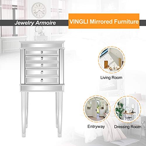 VINGLI Mirrored Jewelry Armoire, Mirror Jewelry Cabinet Standing with 6 Drawers & 2 Side Doors, Jewelry Armoire Cabinet, Standing Jewelry Box