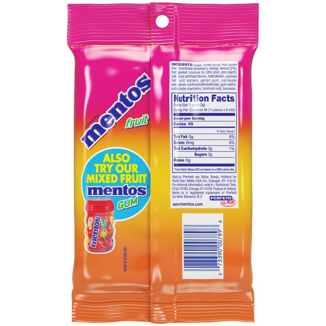 Mentos Fruit Chewy Mint Candy Roll, Mixed Fruit Flavors, Valentine's Day Candy for Parties & Favors, 14 Pieces Per Roll (Pack of 6) | Individually Wrapped Candy for Kids & Adults, Bulk Candy, Great for Parties, Birthdays, Holidays
