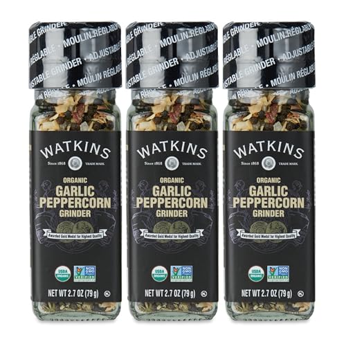 Watkins Organic Grinder, Garlic Peppercorn, 2.7 Ounce, 3-Pack