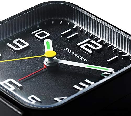 Peakeep Small Battery Operated Analog Travel Alarm Clock Silent | No Ticking, Lighted on Demand and Snooze, Beep Sounds, Gentle Wake, Ascending Alarm, Easy Set (Black)