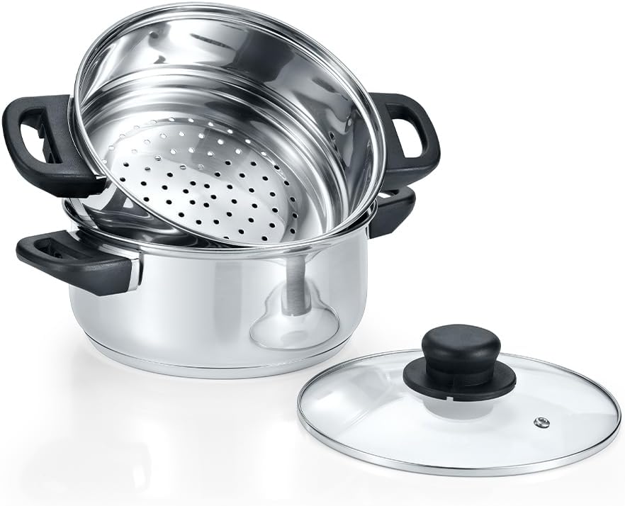 CONCORD 3 Quart Stainless Steel 3 Piece Steamer Cookware Set. Features 2 Quart Veggie Steamer and 3 Quart Cooking Pot with tempered glass lid.