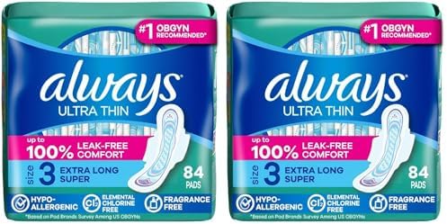 Always Ultra Thin Feminine Pads with Wings for Women, Size 3, Extra Long Super Absorbency, Unscented, Up to 100% Leak-Free Protection, 84 Count Total