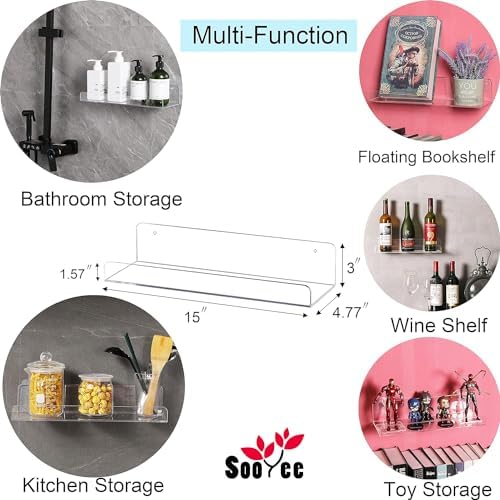Sooyee Acrylic Shelves, 2 Pack 15 Inch Floating Wall Shelves, Funko Pop Display Shelf, Invisible Kids Book Shelf, Picture Ledge Shelf Decor