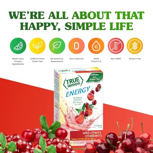 True Lemon Wild Cherry Cranberry Energy Drink Powder, 6 ct (12-pack) | Non-GMO, gluten free, sugar free, zero calorie energy drink packets
