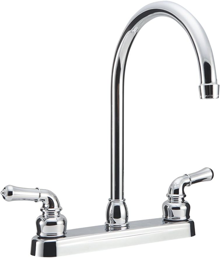Dura Faucet DF-PK330HC-SN RV J-Spout Kitchen Sink Faucet (Satin Nickel) | Tall spout clears big pots; dual levers fine-tune water flow. Brushed Satin Nickel.